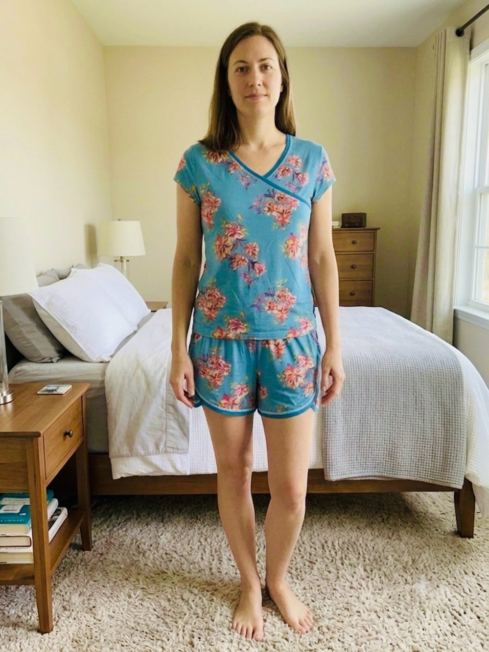 Garnet Hill 100% Organic Cotton Floral Asian Wrap Shorty Pajama Set Womens XS